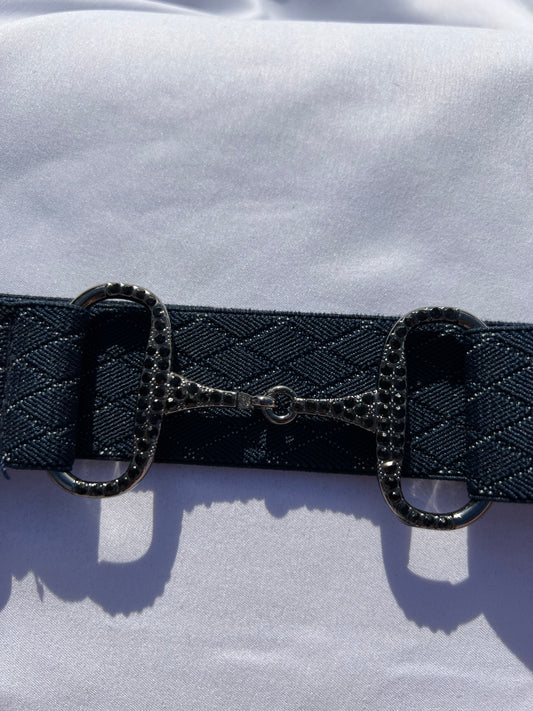 Black Diamond patterned  1.5” Adjustable Snaffle Bit Riding Belt with gun metal bit and black rhinestone crystals