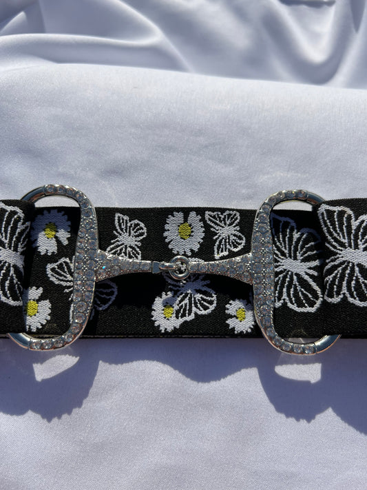 2” butterfly Adjustable Snaffle Bit Riding Belt with silver metal bit and clear rhinestone cz crystals