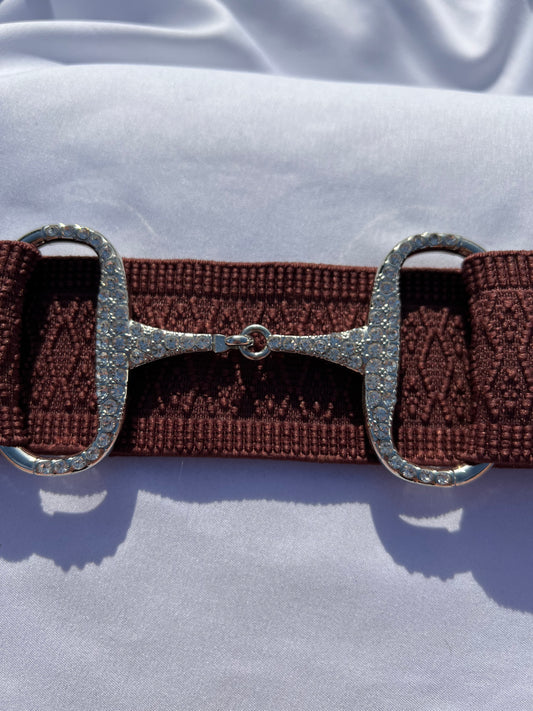 2” Brown Adjustable Snaffle Bit Riding Belt with silver metal bit and clear rhinestone crystals