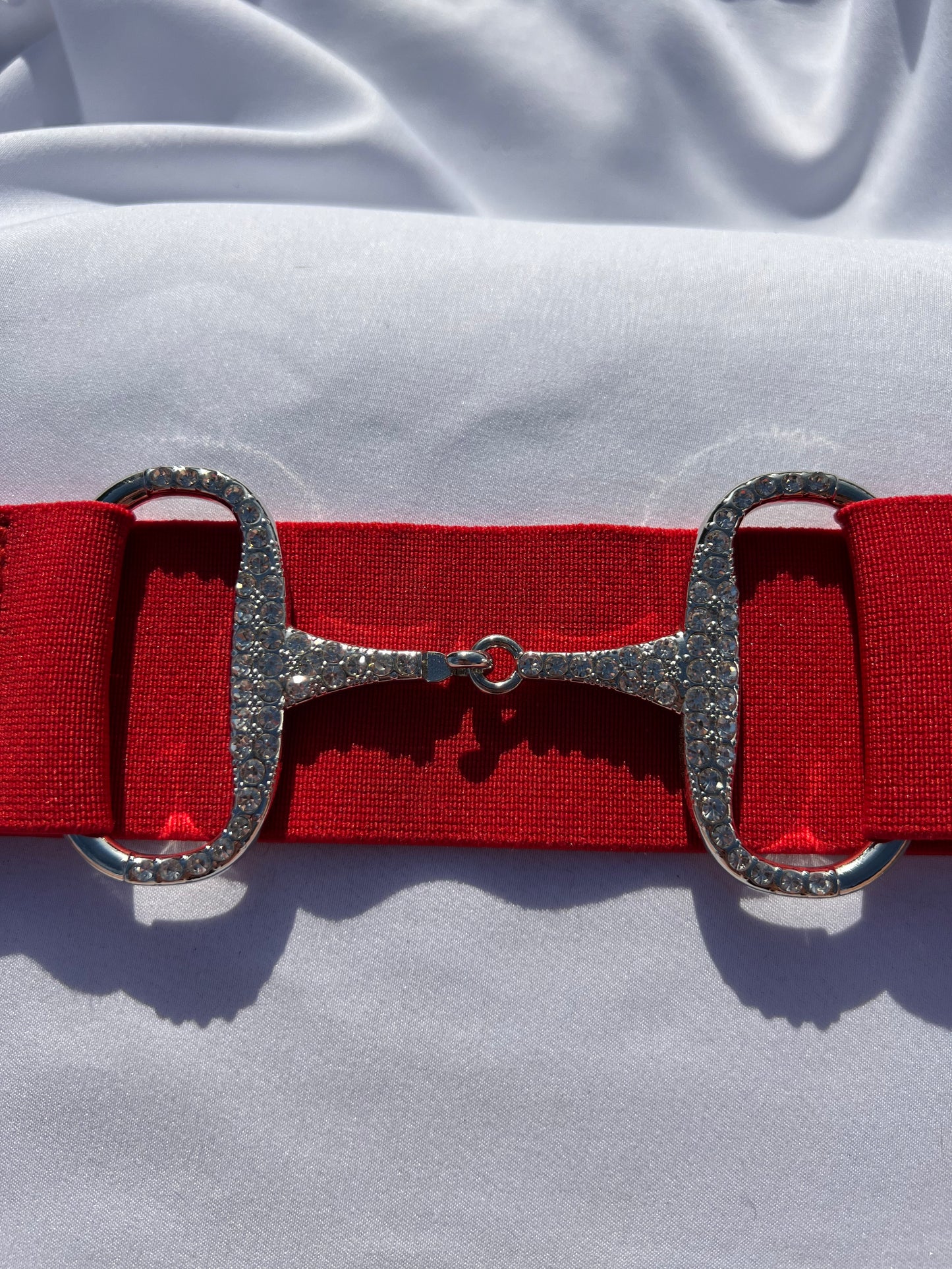 2” Red Adjustable Snaffle Bit Riding Belt with silver metal bit and clear rhinestone crystals