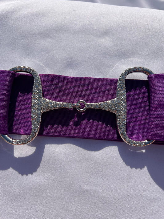 2” Purple Adjustable Snaffle Bit Riding Belt with silver metal bit and clear rhinestone CZ crystals