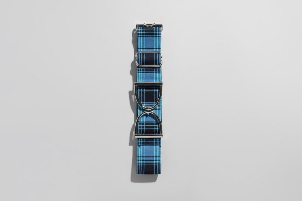 Stirrup belt buckle with Blue Plaid
