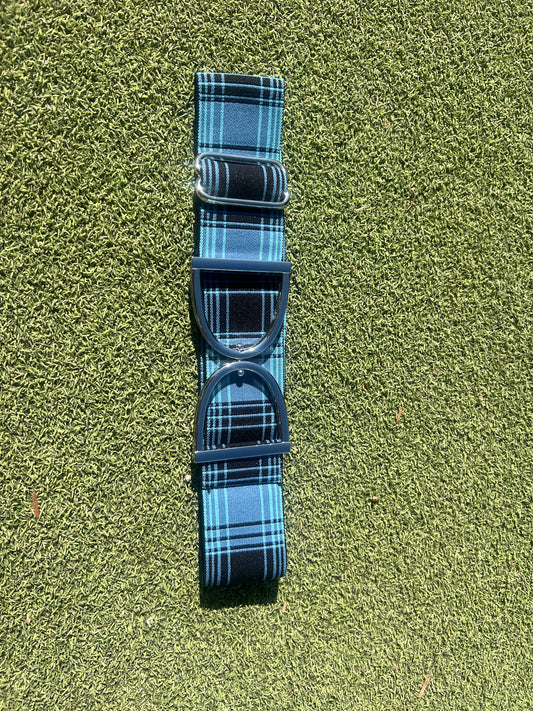 Stirrup belt buckle with Blue Plaid
