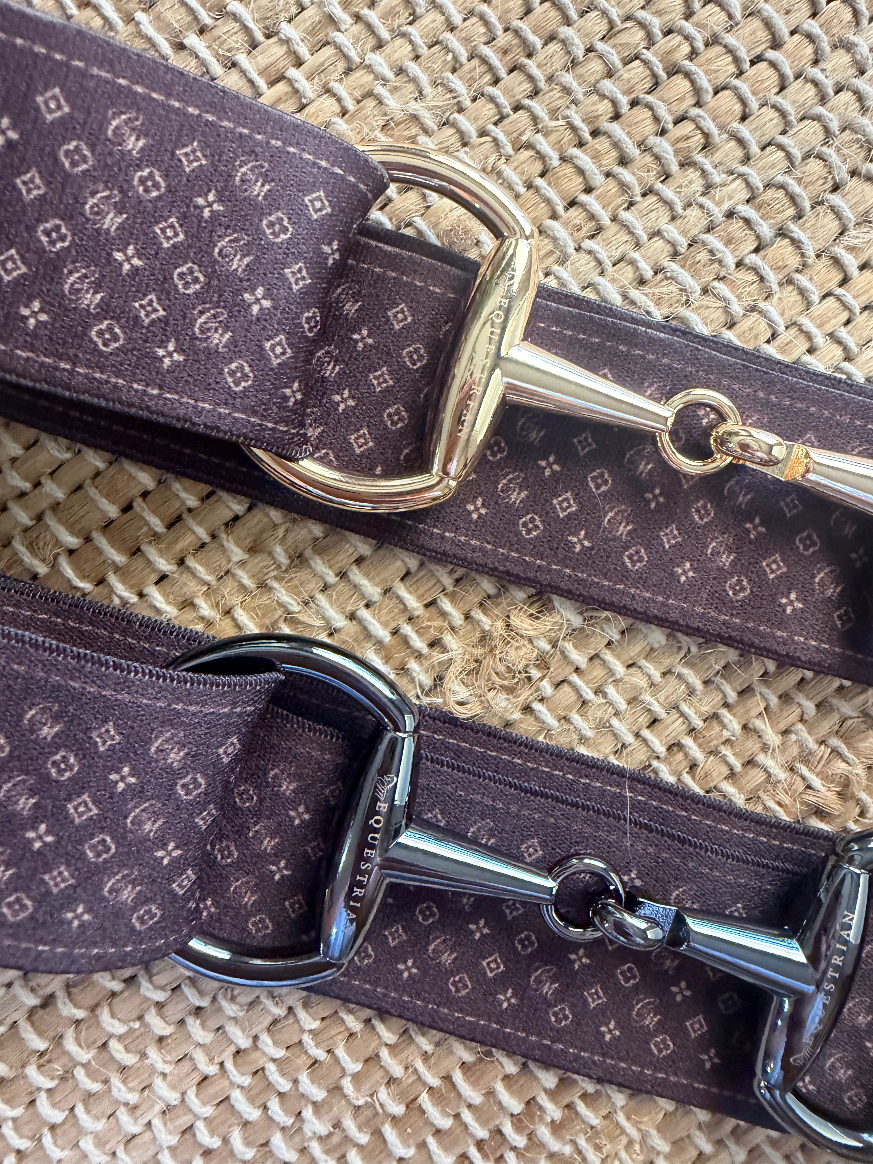 1.5” Gun Metal snaffle bit Cm logo tan and cream one size fits most