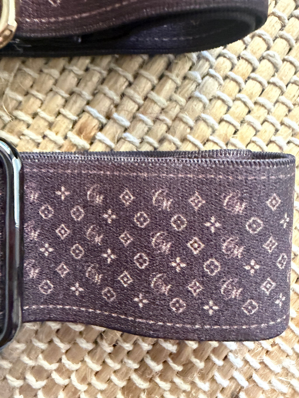 1.5” Gold snaffle bit Cm logo LV inspired tan and cream one size fits most