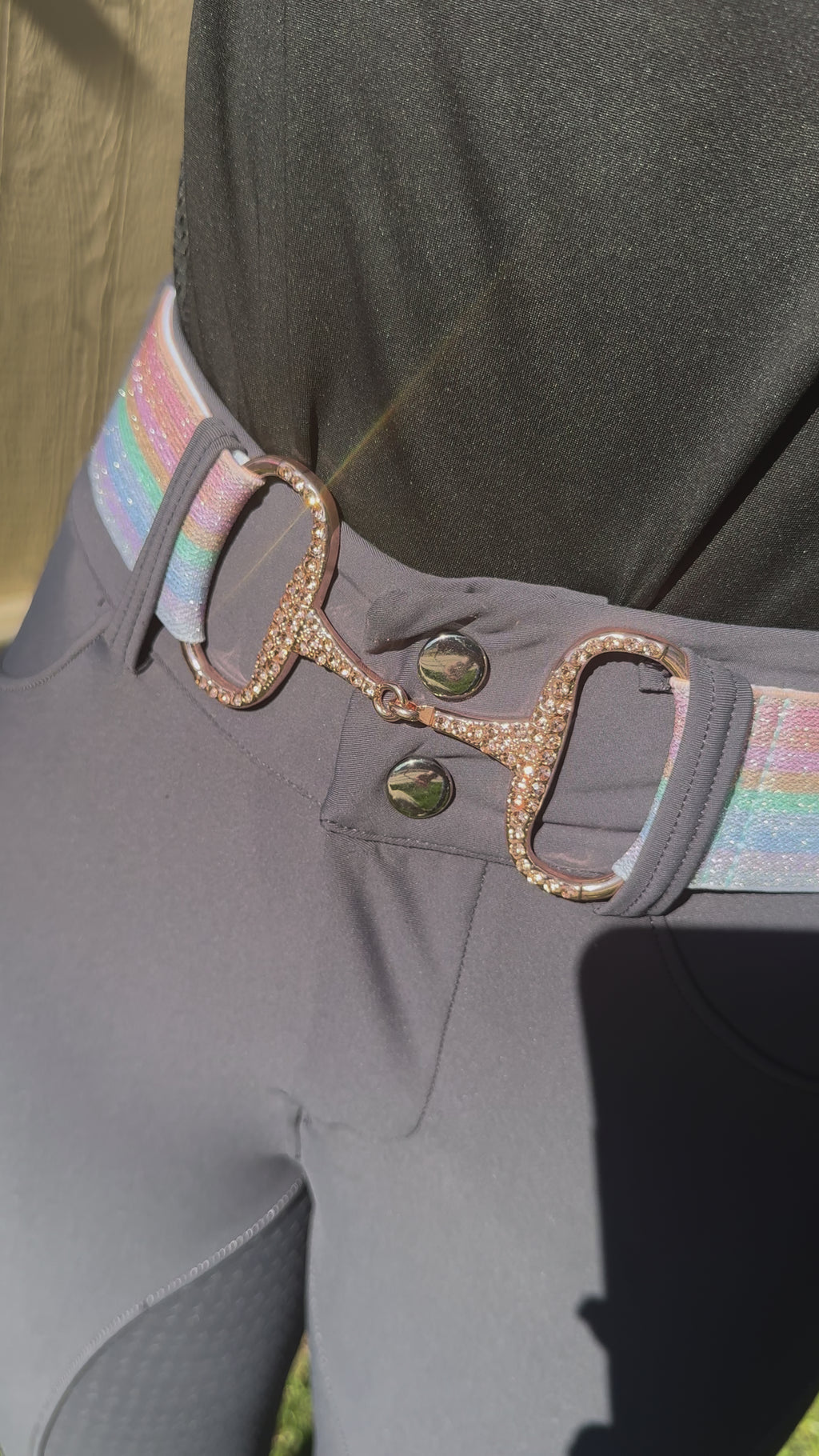 2” Rainbow Snaffle bit belt with CZ crystal rhinestones in Rose Gold