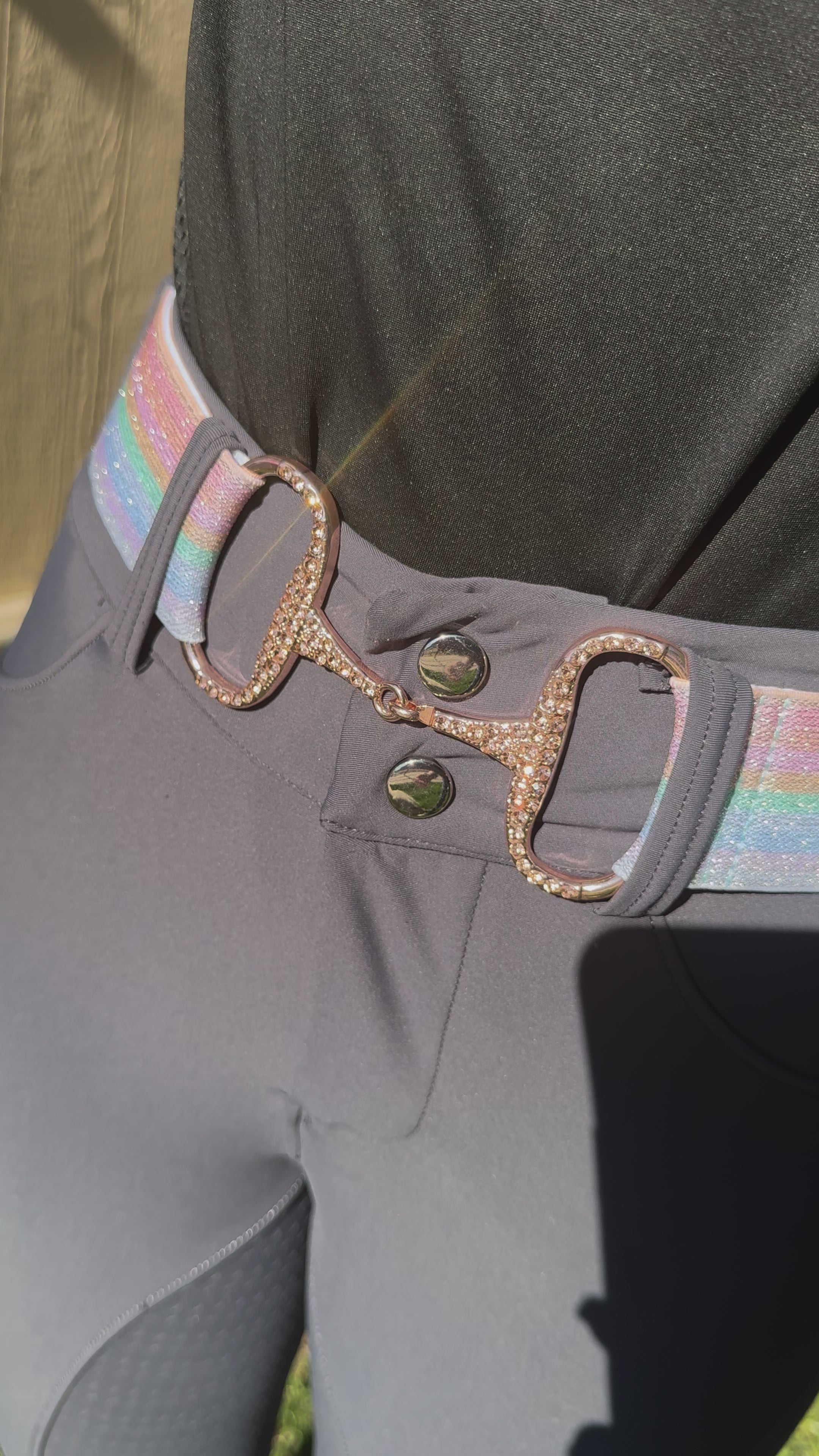 2” Rainbow Snaffle bit belt with CZ crystal rhinestones in Rose Gold