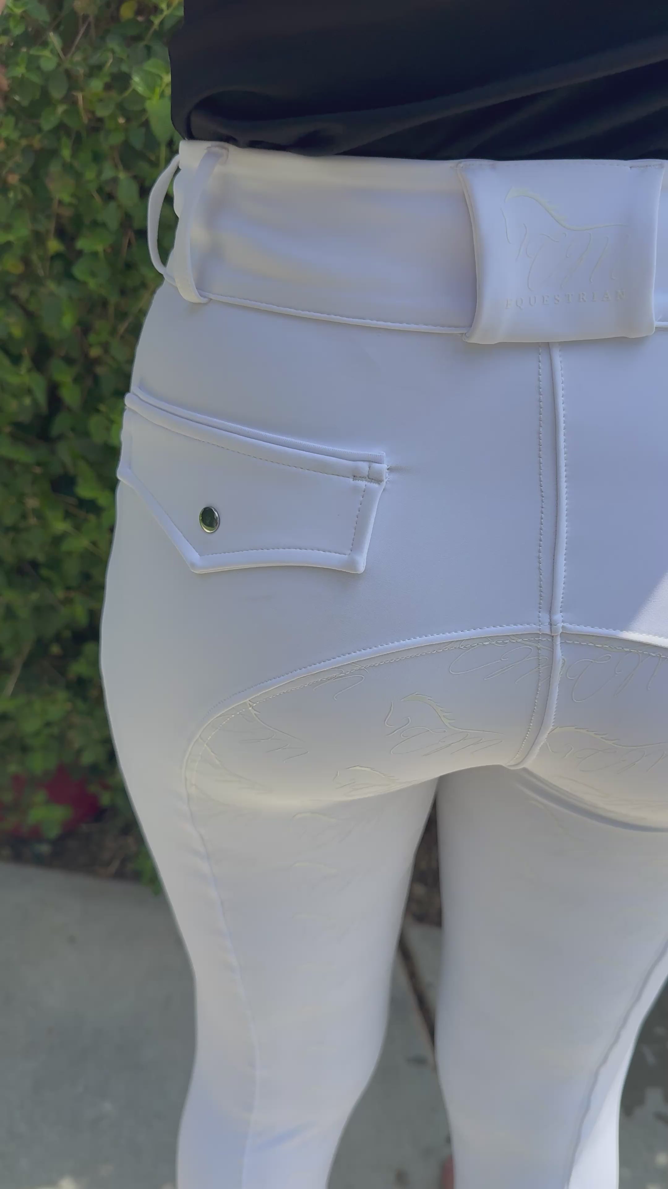 White Cm Equestrian Button Breeches CM logo on full bottomed