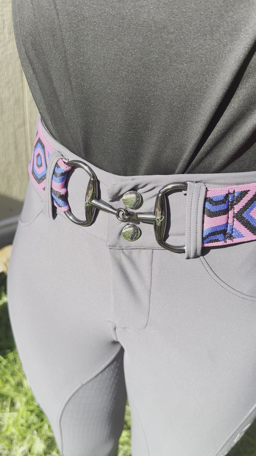 2” equestrian  black gun metal Snaffel bit belt buckle and pink and blue