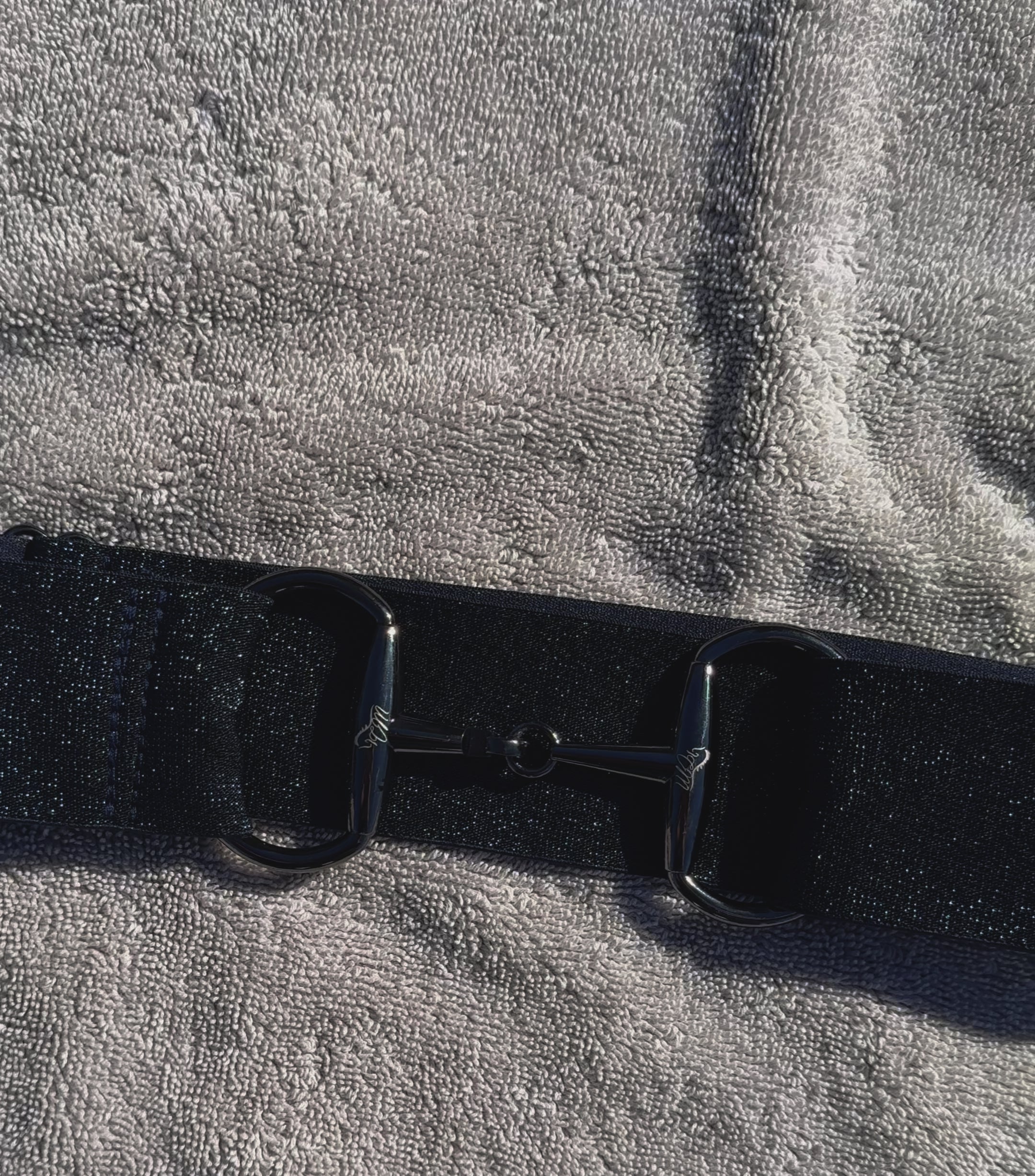 2” equestrian black gun metal Snaffel bit belt buckle with sparkle Navy belt