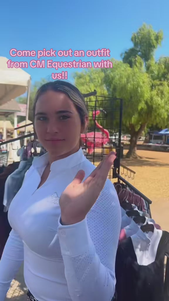 Baby Blue and white two tone Equestrian long sleeve hunter show shirt logo on sleeve